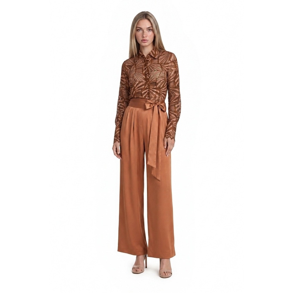 NWT Ramy Brook Evening Jumpsuit Women's Size 10 Brown Metallic Lace Wide Leg Tie